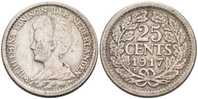 Нидерланды 25 центов 1917 Вильгельмина (1890-1948) KM 146 серебро 4576-757