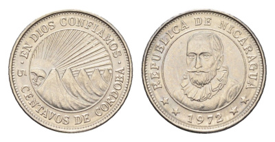 Никарагуа 5 сентаво 1972 год-тип KM 24.2a сталь плакированная никелем UNC 4668-824