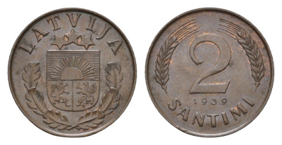 Латвия 2 сантима 1939 KM 11.2 бронза 4689-935