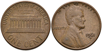 США 1 цент 1961 D, Авраам Линкольн KM 201 медь цинк 4564-351