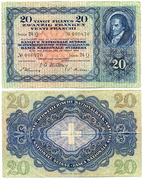 Швейцария 20 франков 1949 Иоганн Генрих Песталоцци Pick 39 q бумага 000-00-00