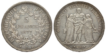 Франция 5 франков 1877 А, Геракл с богинями равенства и братства KM 820.1 серебро aUNC 1522-712