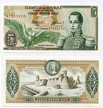 Колумбия 5 песо 1976 Хосе Мария Кордова, Картахена Pick 406е бумага UNC (пресс) 8611-17-2