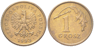 Польша 1 грош 1993 Y 276 марганец латунь UNC 4614-567