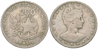 Бразилия 200 реалов 1901 MCMI, голова свободы вправо KM 504 медно-никель 4612-351