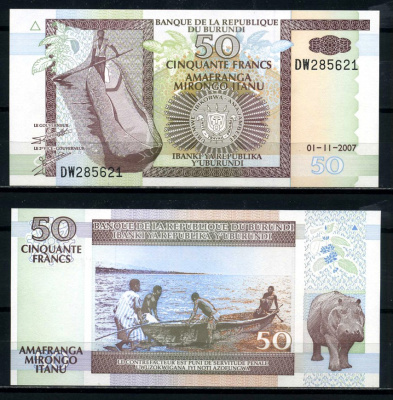 Бурунди 50 франков 2007 1 ноября 2007 Pick 36g бумага UNC (пресс) 6317-30-1-2