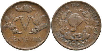 КОЛУМБИЯ 5 СЕНТАВО 1963 KM 206 бронза 3336-553