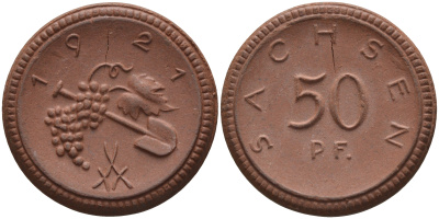 Саксония 50 пфеннигов 1921 виноград и лопата J. N 54 фарфор 1094-5-42