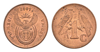 ЮАР 1 цент 2001 герб, капские воробьи KM 221 сталь плакированная медью UNC 4602-241