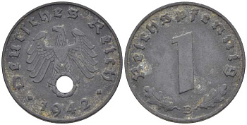ГЕРМАНИЯ 1 РЕЙХСПФЕННИГ 1942 B  KM 97, J. 369 цинк 211-521