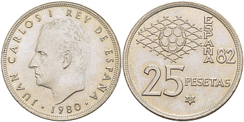 Испания 25 песет 1980 (82) чемпионат мира по футболу в Испании 1982 года, Хуан Карлос I ( 1975-) KM 818 медно-никель XF 4185-822