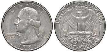 США 25 центов = квотер 1989 D, Вашингтон KM A164a медь плакированная медно-никелем 4556-1037