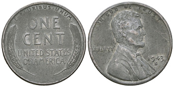 США 1 цент 1943 S (Сан-Франциско), Авраам Линкольн KM 132a сталь плакированная цинком 4516-418