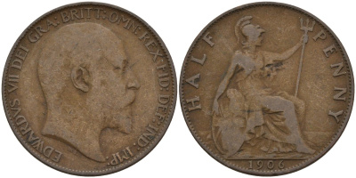Великобритания 1/2 пенни 1906 Эдуард VII (1901-1910) KM 793.2, Spink 3991 бронза 4146-121
