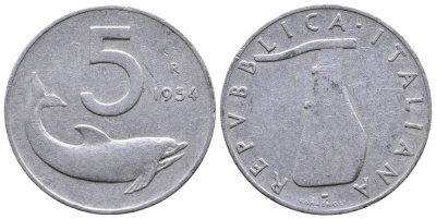 ИТАЛИЯ 5 ЛИР 1954 R, РУЛЬ, ДЕЛЬФИН KM 92 алюминий 51-2613