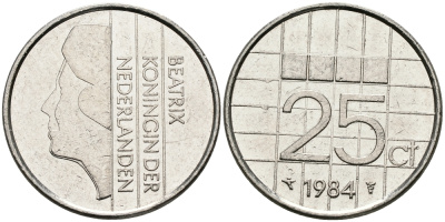 НИДЕРЛАНДЫ 25 ЦЕНТОВ 1984 БЕАТРИКС KM 204 никель 96-269