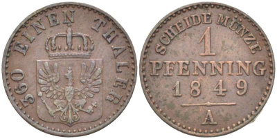 ПРУССИЯ 1 ПФЕННИГ 1849 А, ФРИДРИХ ВИЛЬГЕЛЬМ IV (1840-1861), ВЕС 1,51 ГР., МОНДВОР БЕРЛИН KM 447, Jaeger 50, AKS 92, Olding 337 медь 1517-1143