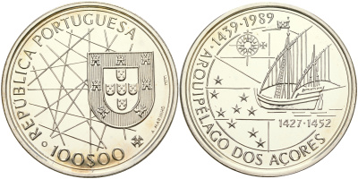 Португалия 100 эскудо 1989 серия золотой век португальских открытий, 550 лет открытия Азорских островов KM 648 а серебро UNC 06-245-32