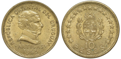 Уругвай 10 песо 1965 KM 48 алюминиевая бронза 4565-434