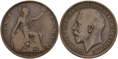 Великобритания 1 пенни 1917 Георг V  КМ 810, Spink 4051 бронза    4157-912