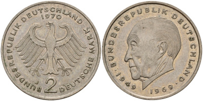 ФРГ 2 марки 1970 J, Конрад Аденауэр KM 124, J. 406 медно-никель 4159-1211
