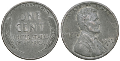 США 1 цент 1943 S (Сан-Франциско), Авраам Линкольн KM 132a сталь плакированная цинком 4516-418
