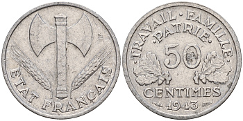 Франция 50 сантимов 1943 правительство Виши KM 914.1, LE FRANC 196.1 алюминий    4598-346