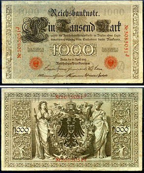 Германия 1000 марок 1910 21 апреля 1910, красная печать, номер семизначный, серия J, буква O, выпуск АПРЕЛЬ - ИЮЛЬ 1918 Pick 44 b бумага 2194-37-2-1