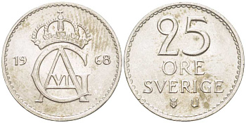 Швеция 25 эре 1968 U, Густав VI Адольф (1950-1973) KM 836 медно-никель 4516-464