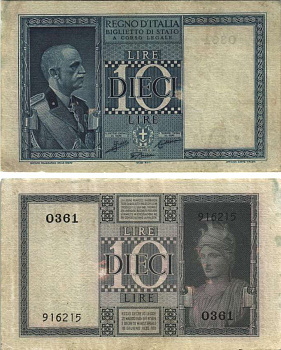 Италия 10 лир 1938 Король Виктор Эммануил III Pick 25b бумага 7484-51-2-1