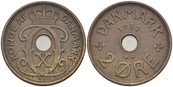 ДАНИЯ 2 ЭРЕ 1931 N; GJ, КРИСТИАН X (1912-1947) KM 827.2 бронза 67-244