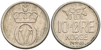 Норвегия 10 эре 1968 пчела, Улаф V (1958-1991) KM 411 медно-никель 4567-944