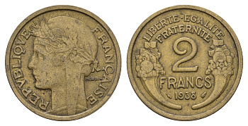 Франция 2 франка 1938 KM 886, Le Franc 268.9 алюминиевая бронза 4121-324