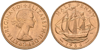 Великобритания 1/2 пенни 1966 Елизавета II (1952-2022) KM 896, Spink 4158 бронза 4163-1215