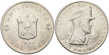Филиппины 1 песо 1947 Генерал Дуглас Макартур KM 185 серебро aUNC 1530-825
