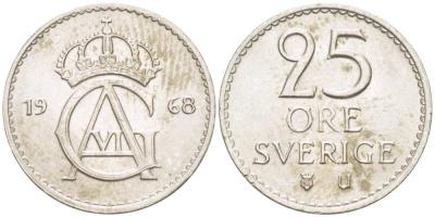 Швеция 25 эре 1968 U, Густав VI Адольф (1950-1973) KM 836 медно-никель 4516-464