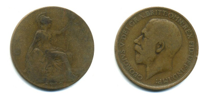 Великобритания 1 пенни 1912 Георг V (1910-1936) KM 810, Spink 4051 бронза 47-1224