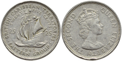 Британские Восточно-Карибские территории 25 центов 1965 Елизавета II (1952-2022), парусник KM 6 медно-никель 83-1742