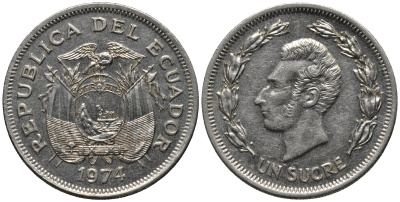 Эквадор 1 сукре 1974 KM 83 никелированная сталь 4577-1114