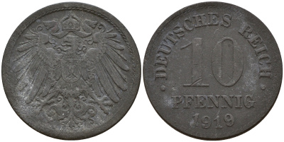Германия 10 пфеннигов 1919  KM 26, J. 299 цинк    4601-835