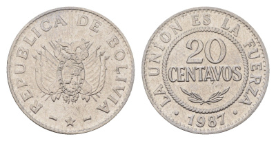 Боливия 20 сентаво 1987 KM 203 нержавеющая сталь UNC 4114-1051