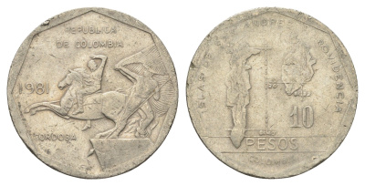 Колумбия 10 песо 1981 KM 270 медь цинк никель 4663-445