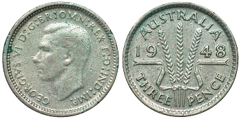 Австралия 3 пенса 1948 m, Георг VI (1937-1952), без букв KM 37a серебро 71-217