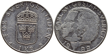 Швеция 1 крона 1989 Карл XVI Густав (1973- ) KM 852a медно-никель 4397-1244