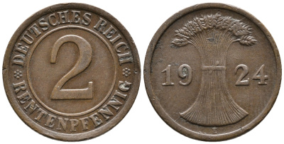 ГЕРМАНИЯ 2 РЕНТЕНПФЕННИГА 1924 E KM 31, J. 307 бронза 24-543