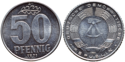 ГДР 50 пфеннигов 1971 A KM 12.2 алюминий UNC 76-1141