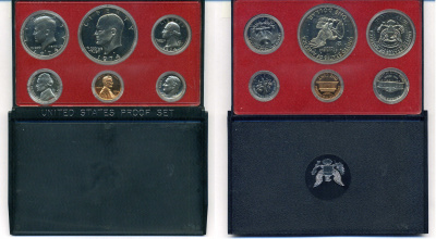 США годовой набор из 6 монет (1, 5, 10, 25 и 50 центов; 1 доллар) 1974 в оригинальной упаковке KM PS137 (164a, A192, 195a, 201, 202b и 203a) PROOF 8-2-02-23