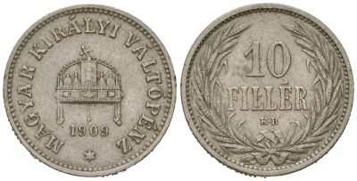 Венгрия 10 филлеров 1909 KM 482 никель 4615-533