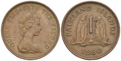 Фолклендские острова 1 пенни 1980 Елизавета II (1952-2022), папуанский пингвин KM 2 бронза 220-869