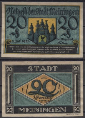 Майнинген 20 пфеннигов 1921 DeNG 2 877.3 бумага UNC (пресс) 8613-62-1-2